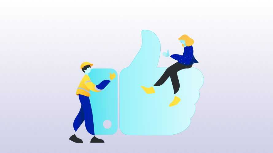 Illustration of two employees with a giant thumbs up in the background