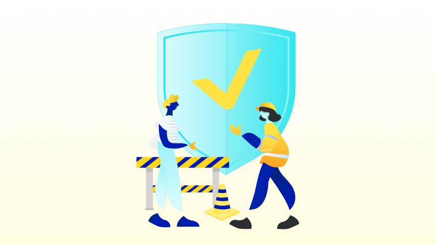 Illustration of two employees with a giant shield in the background