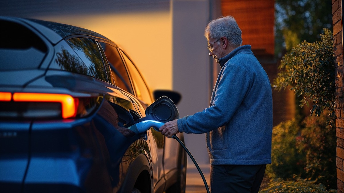 Man charging his EV in a driveway. 