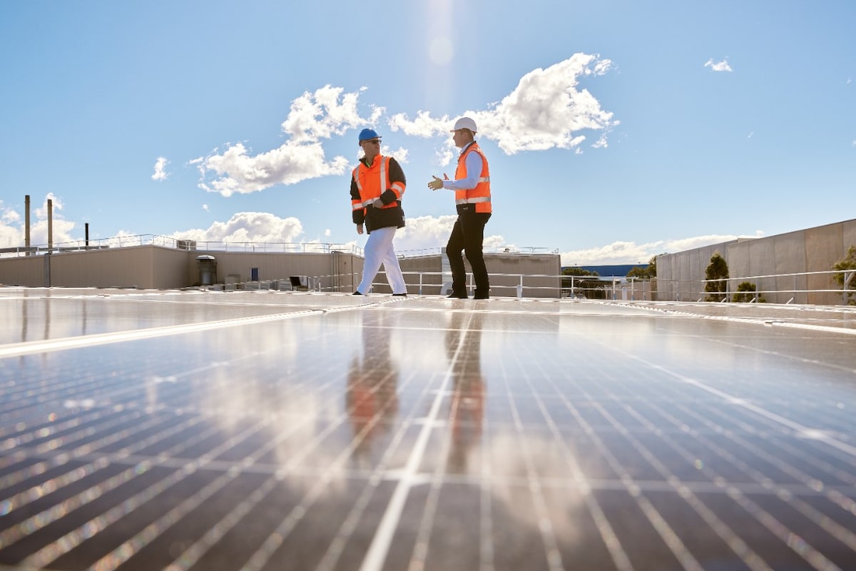 Two people standing on top of the Bega rooftop solar project