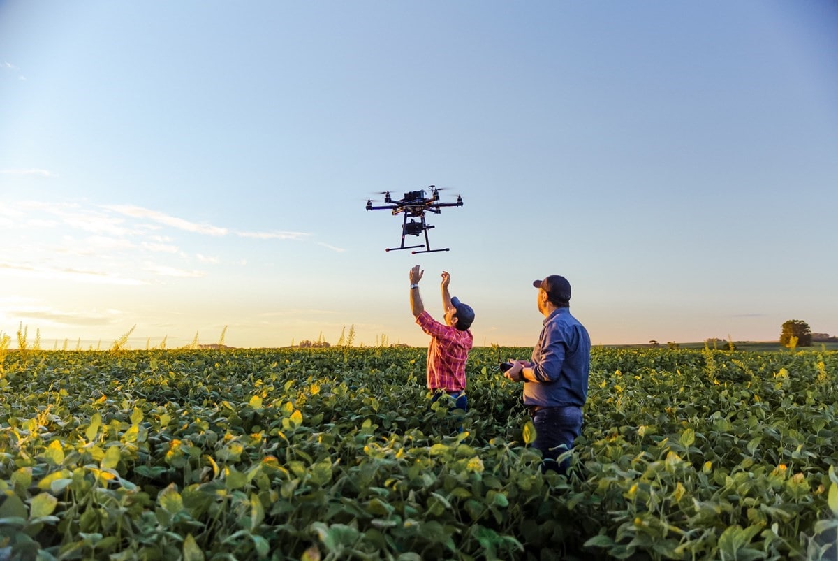 Launching a drone in a sunset-lit field to survey crops.