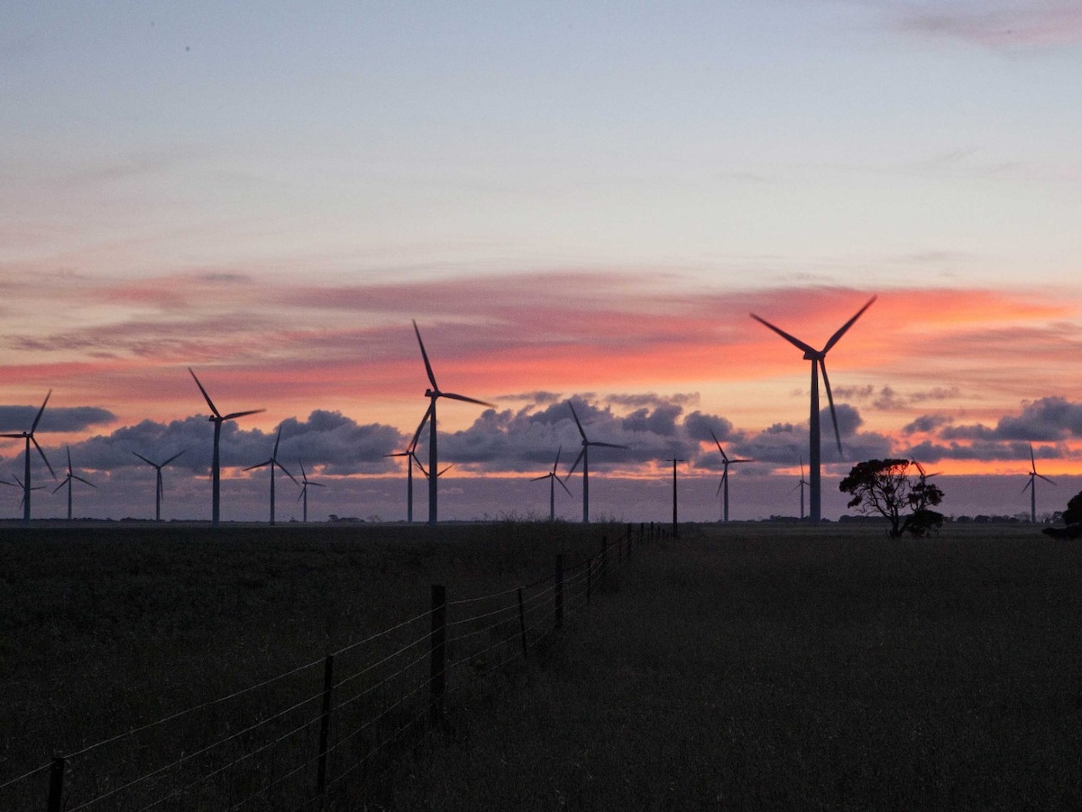 Photo of Wattle Point Wind Farm at sunset. 