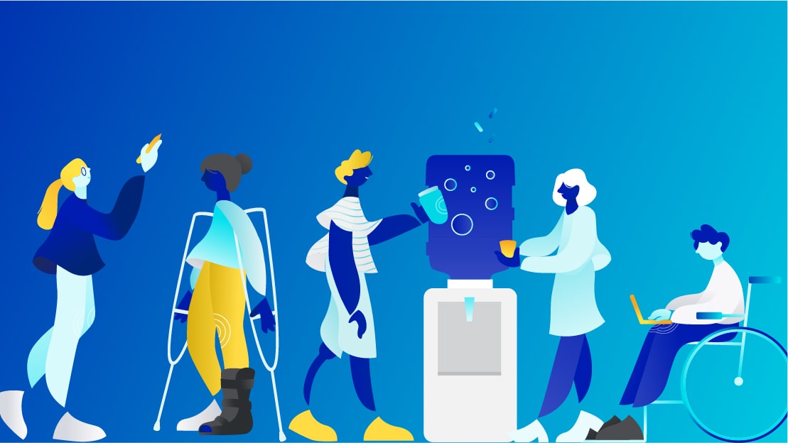 Illustration depicting people with different accesibility needs around a water cooler