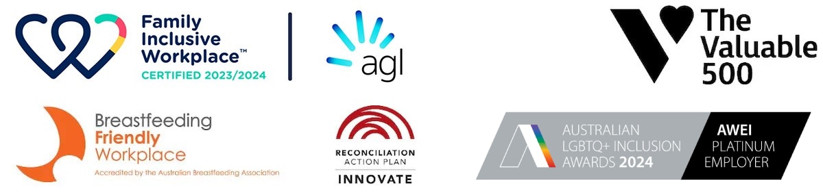 Logos for Family Inclusive Workplace Certified 2022/2023, Breastfeeding Friendly Workplace, AGL as a Supporting Partner, Reconciliation Action Plan Innovate, Australian LGBTQ Inclusion Awards 2022, and AWEI Platinum Employer.