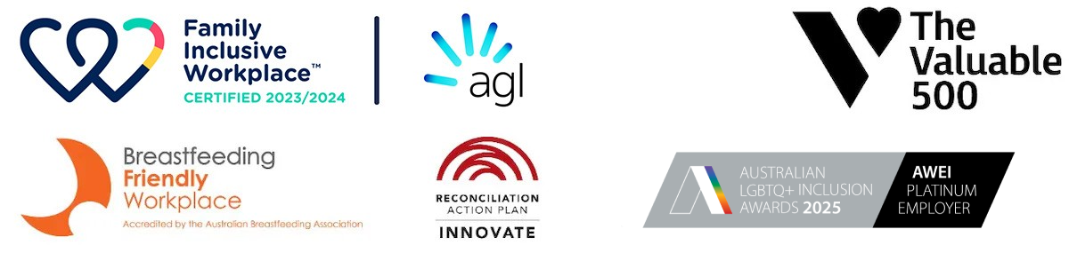 Logos for Family Inclusive Workplace Certified 2025, Breastfeeding Friendly Workplace, AGL as a Supporting Partner, Reconciliation Action Plan Innovate, Australian LGBTQ Inclusion Awards 2022, and AWEI Platinum Employer.