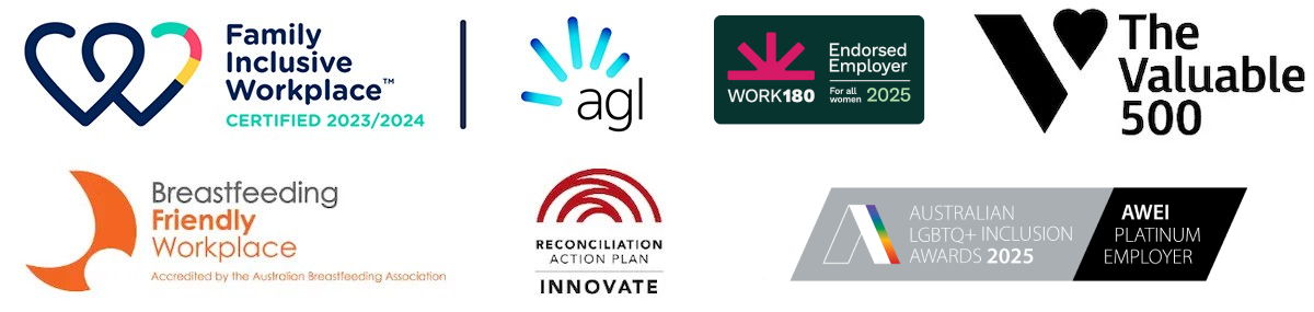 Logos for Family Inclusive Workplace Certified 2025, Breastfeeding Friendly Workplace, AGL as a Supporting Partner, Reconciliation Action Plan Innovate, Australian LGBTQ Inclusion Awards 2022, and AWEI Platinum Employer.