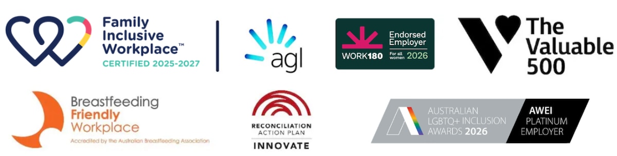 Logos for Family Inclusive Workplace Certified 2025, Breastfeeding Friendly Workplace, AGL as a Supporting Partner, Reconciliation Action Plan Innovate, Australian LGBTQ Inclusion Awards 2022, and AWEI Platinum Employer.