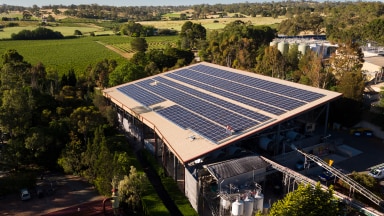 Birds-eye view of a building surrounded by trees with solar panels covering the roof