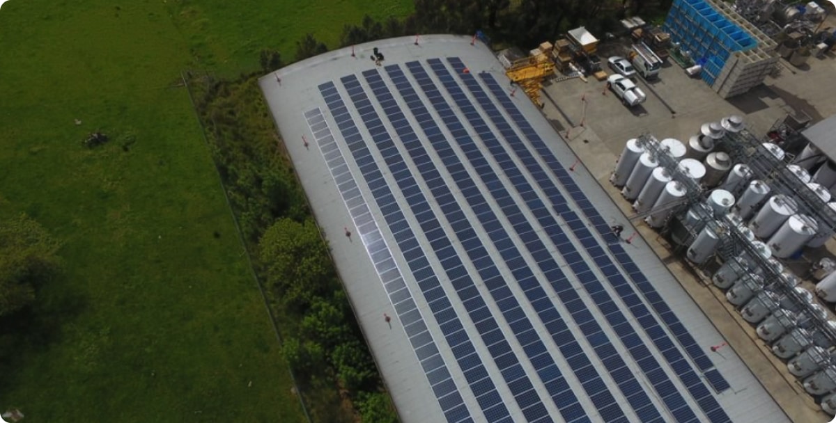 Solar panels on roof with green space next to it 