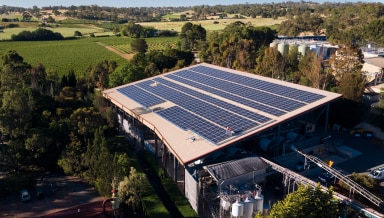 Birds-eye view of a building surrounded by trees with solar panels covering the roof