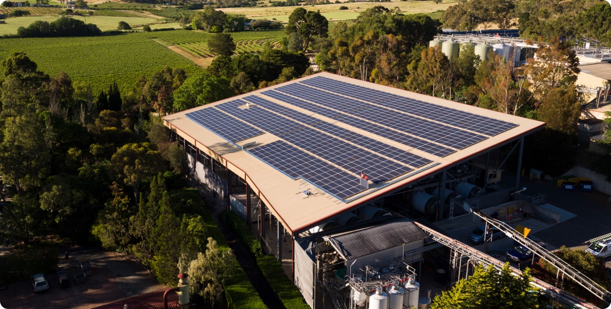 Birds-eye view of a building surrounded by trees with solar panels covering the roof