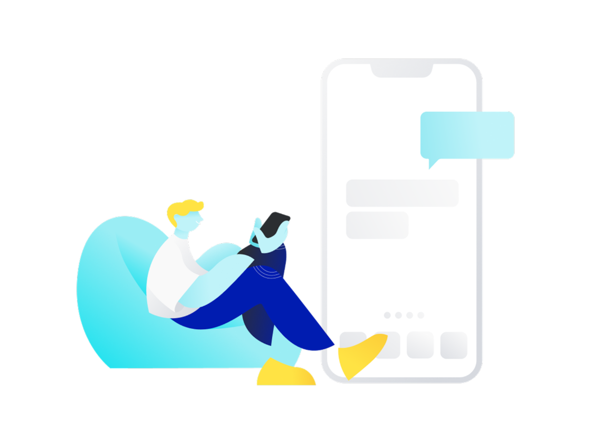 Illustration of man on beanbag, messaging on mobile phone