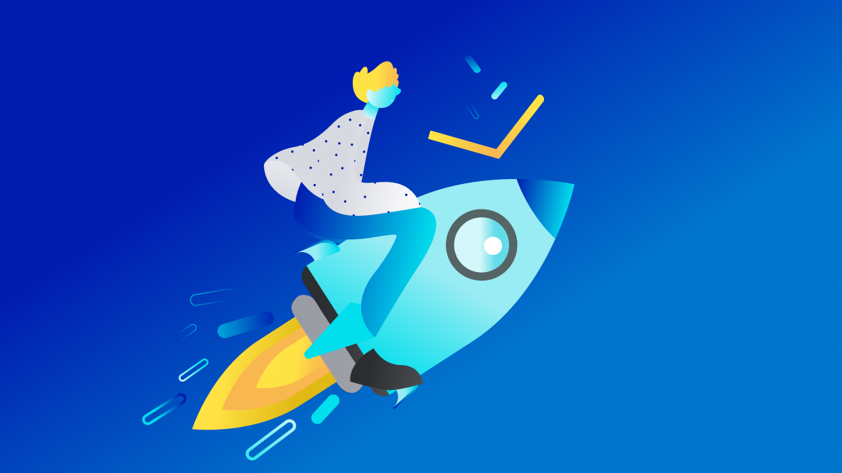An illustration of a person on a rocket with a blue background