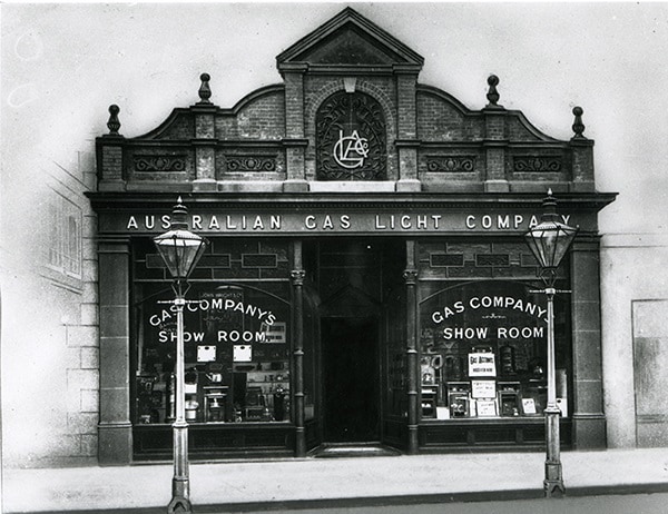 Black and white photo of an original Australian Gas and Light company showroom