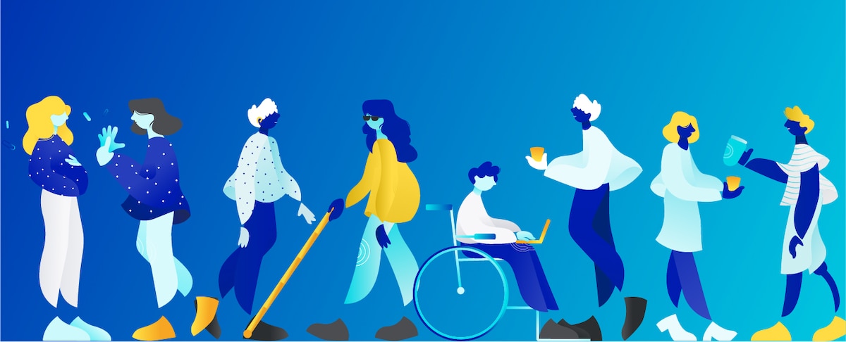 Illustration depicting people with different accesibility needs around a water cooler