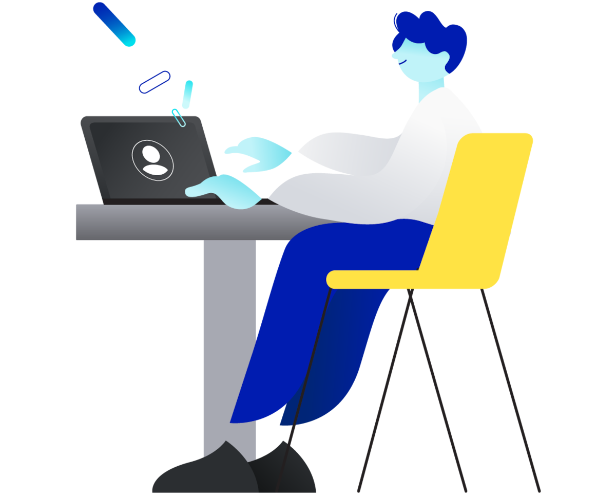 Illustration depicting a person sitting at a desk managing their energy and telco accounts on their laptop