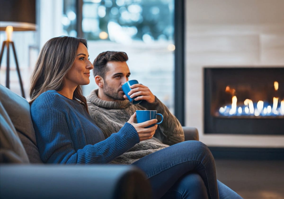 Woman and man sitting on a couch in front of a gas fireplace