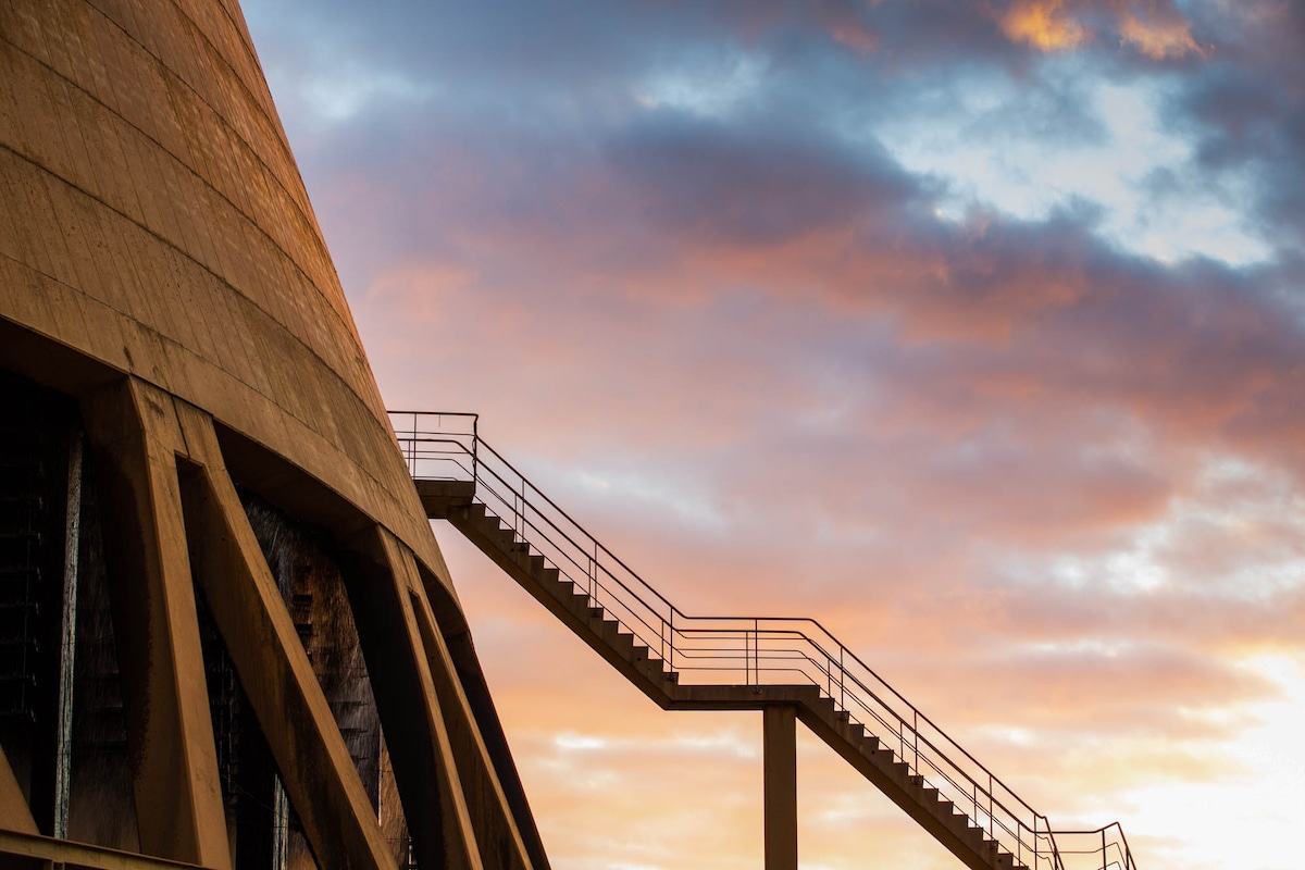 Photo of an external staircase leading up to a Loy Yang A towers.