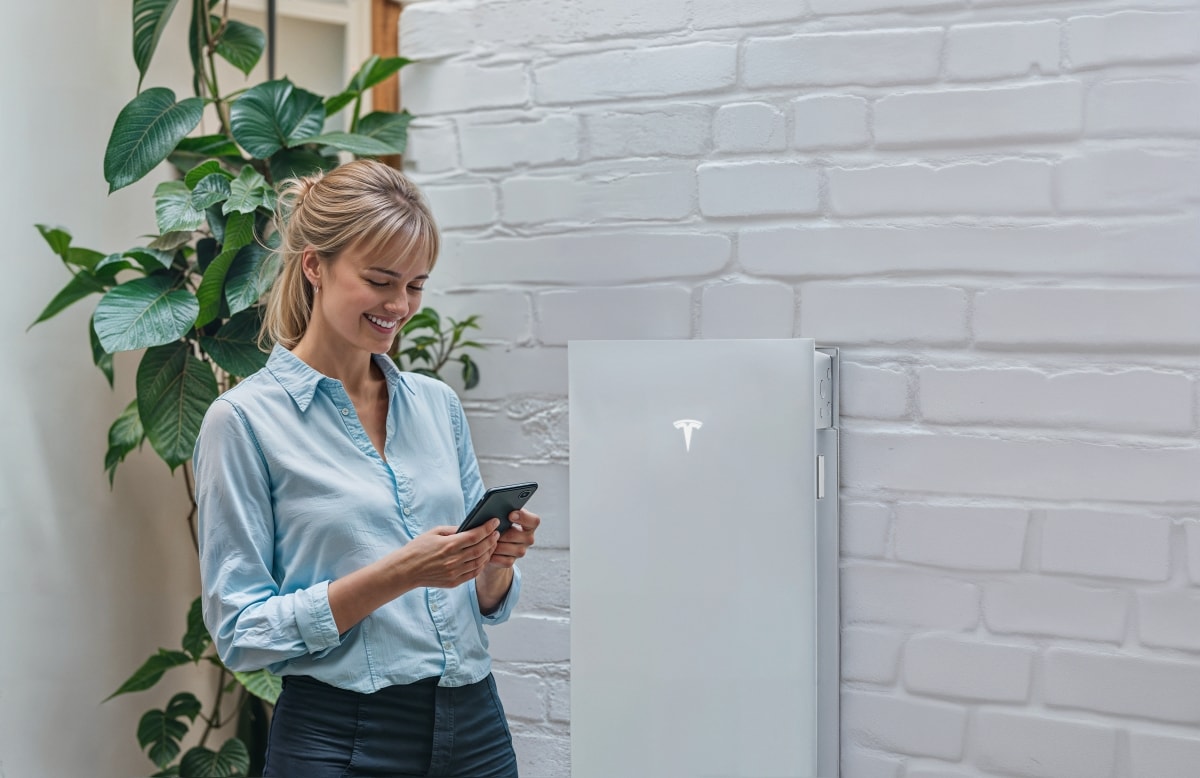 Smiling woman on her device in front of her Tesla wall-mounted battery