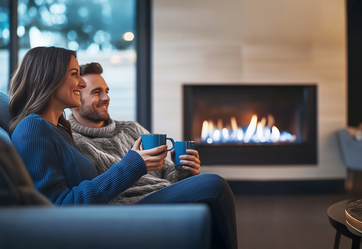 A woman and a man sitting on a couch holding coffee cups, in front of a gas fireplace