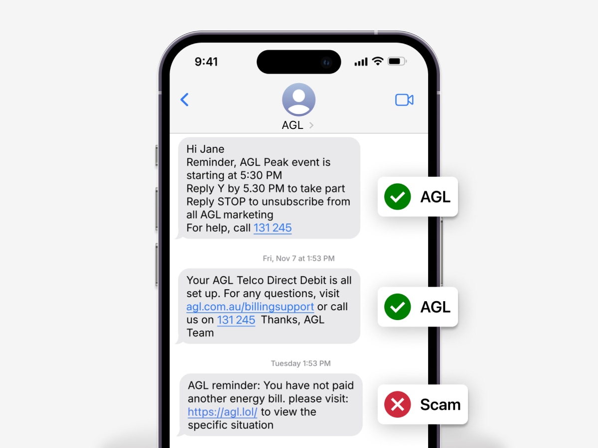 Mobile device showing texts under the sender ID: ‘AGL’. After 2 genuine messages from AGL  there is a scam message with different wording and a suspicious link.