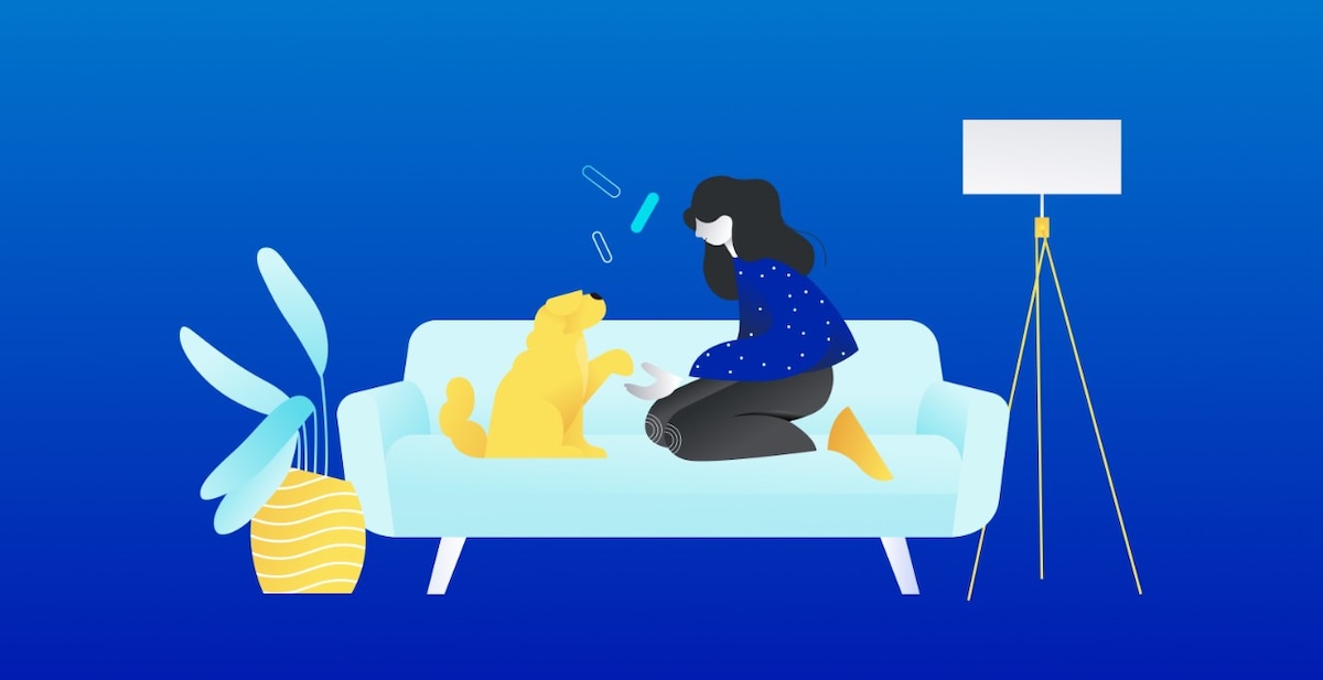 Illustration of woman playing with dog on couch