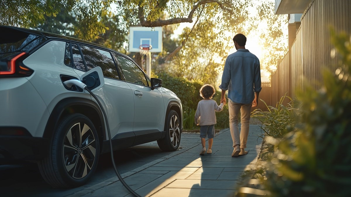 An EV charger plugged into an electric vehicle