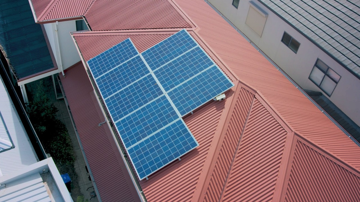 Birdseye view of rooftop solar panels
