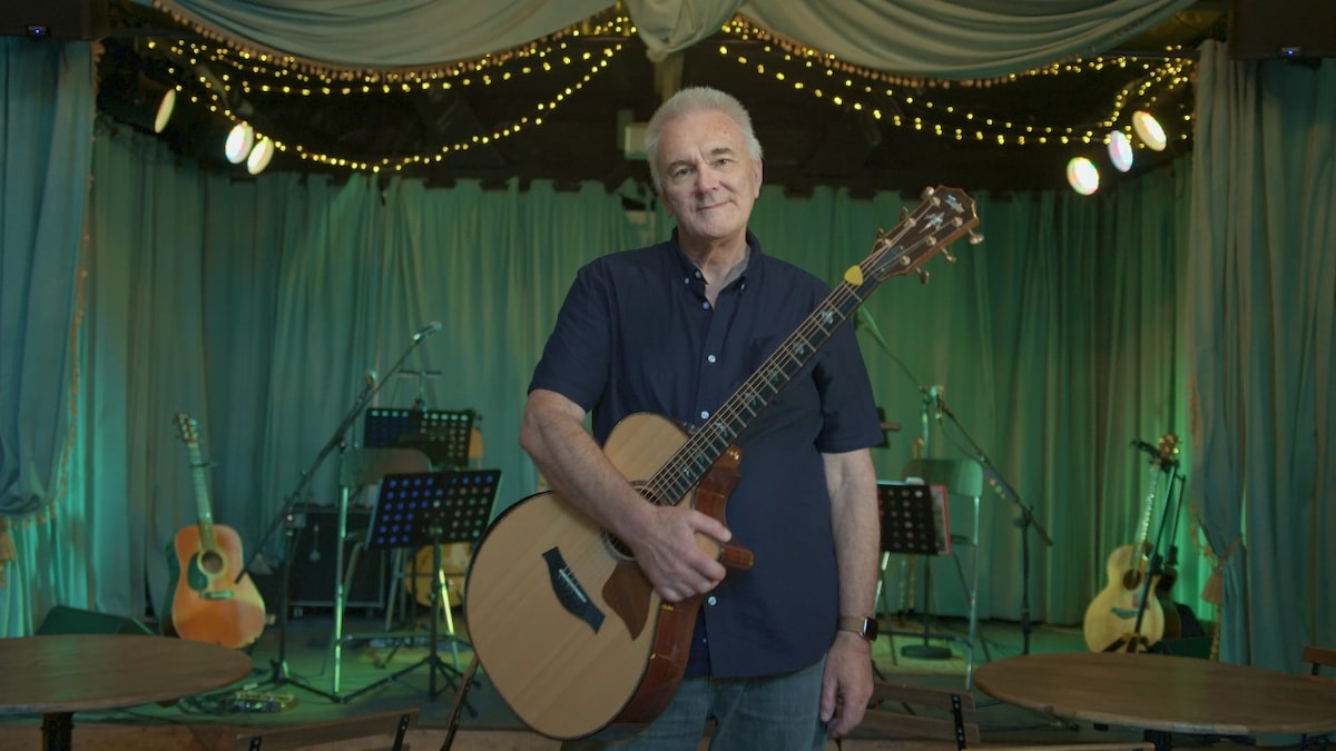 Geoff holding his guitar before a gig