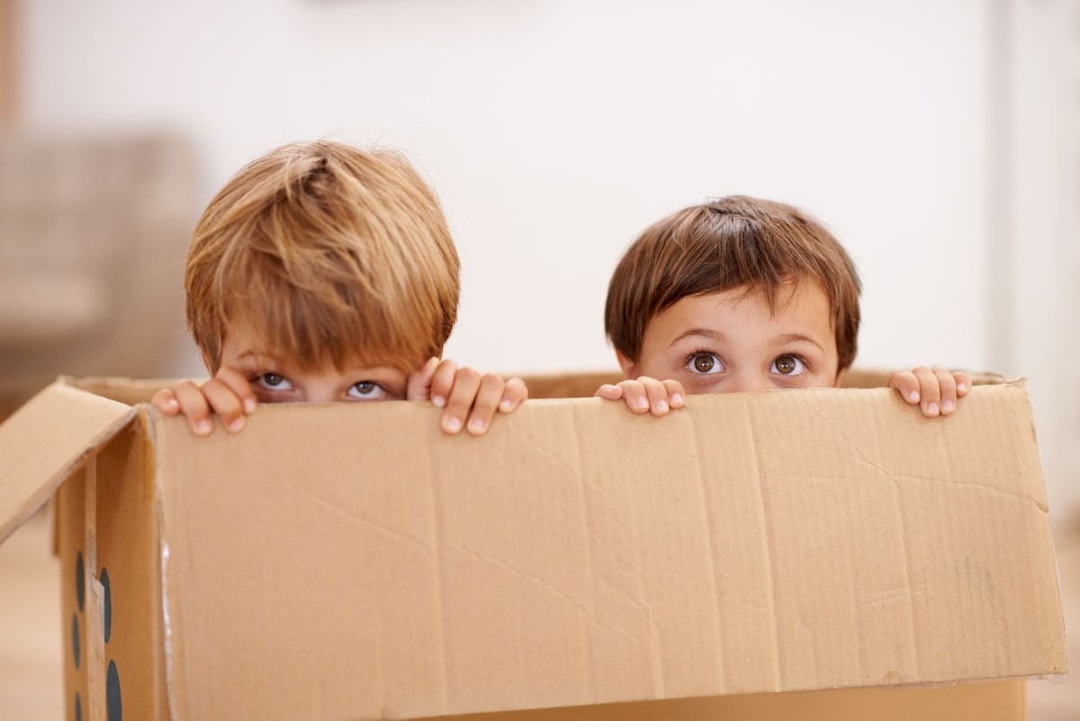 Two kids playing in a cardboard box