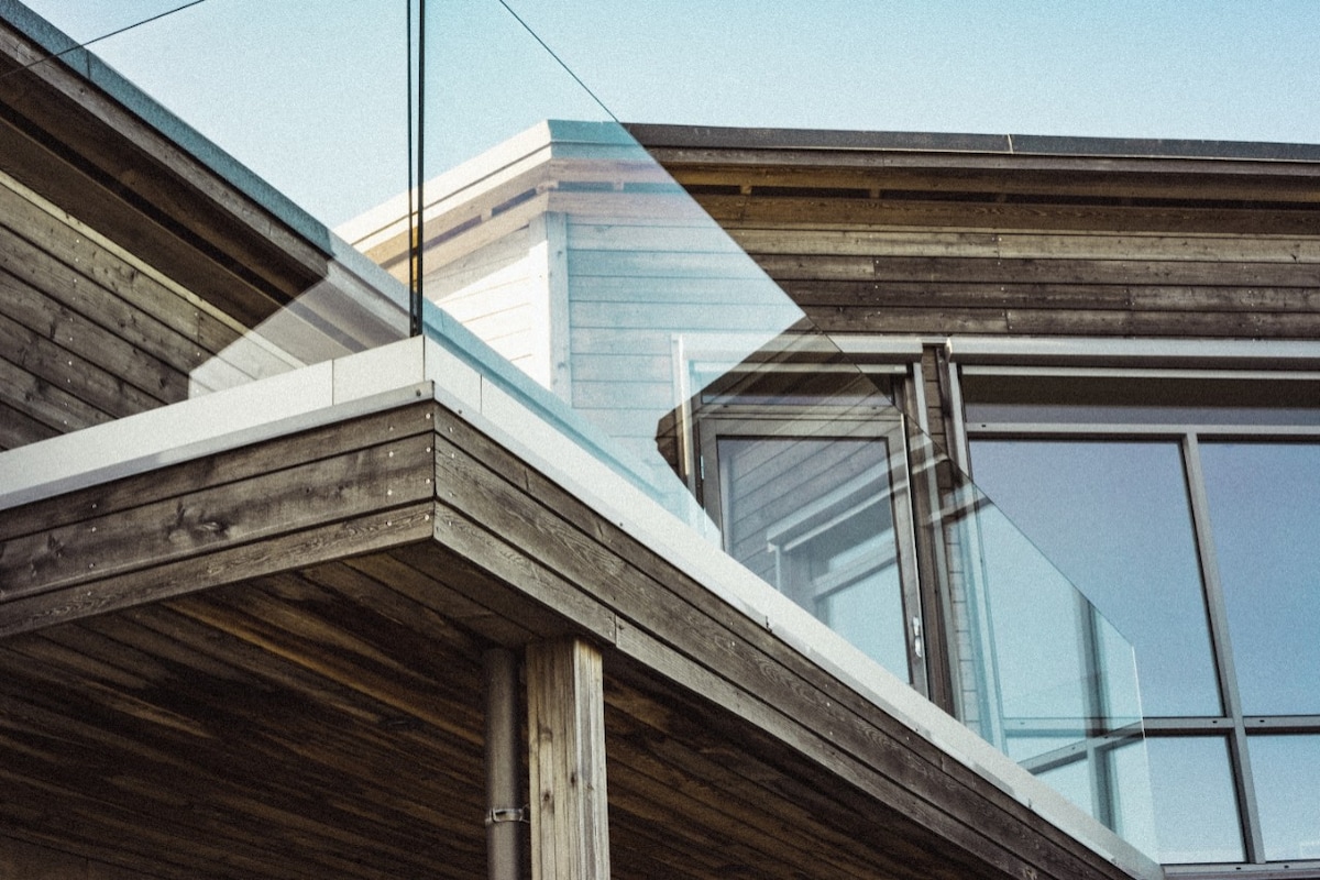 Closeup of modern home with wooden exterior
