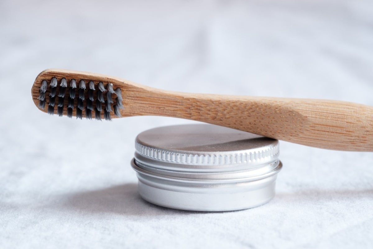 Closeup of eco toothbrush and toothpaste
