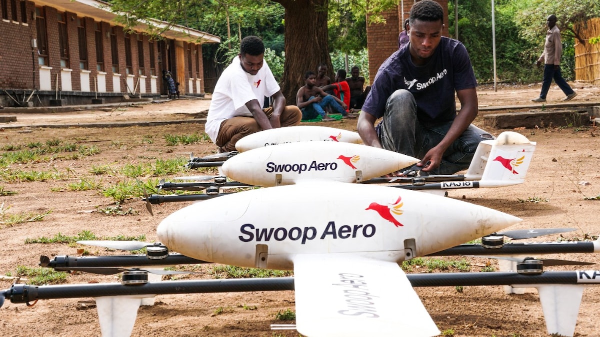 Swoop Aero drones lined up on ground