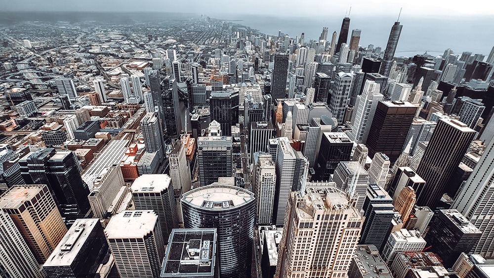 Birdseye view of cityscape and high rises