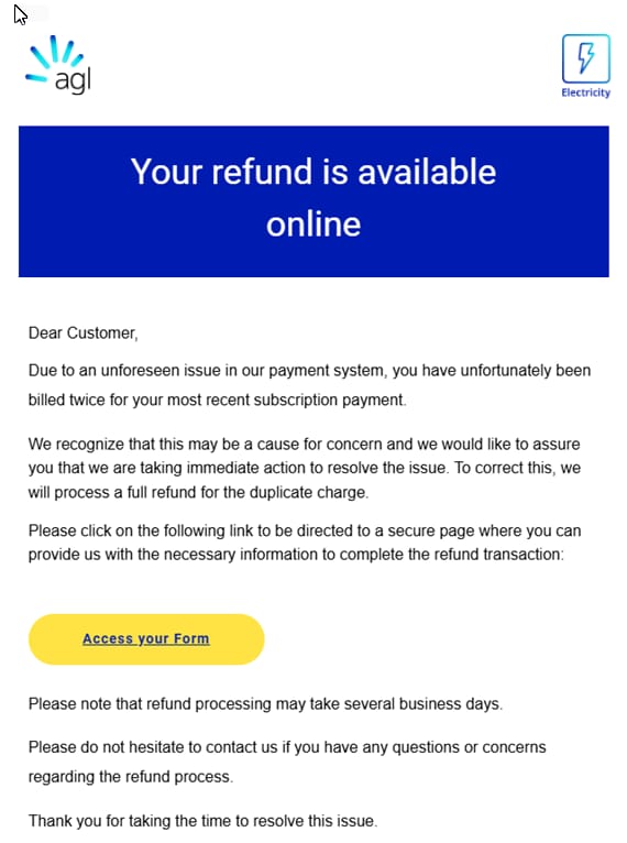 A screenshot of a refund scam pretending to be AGL