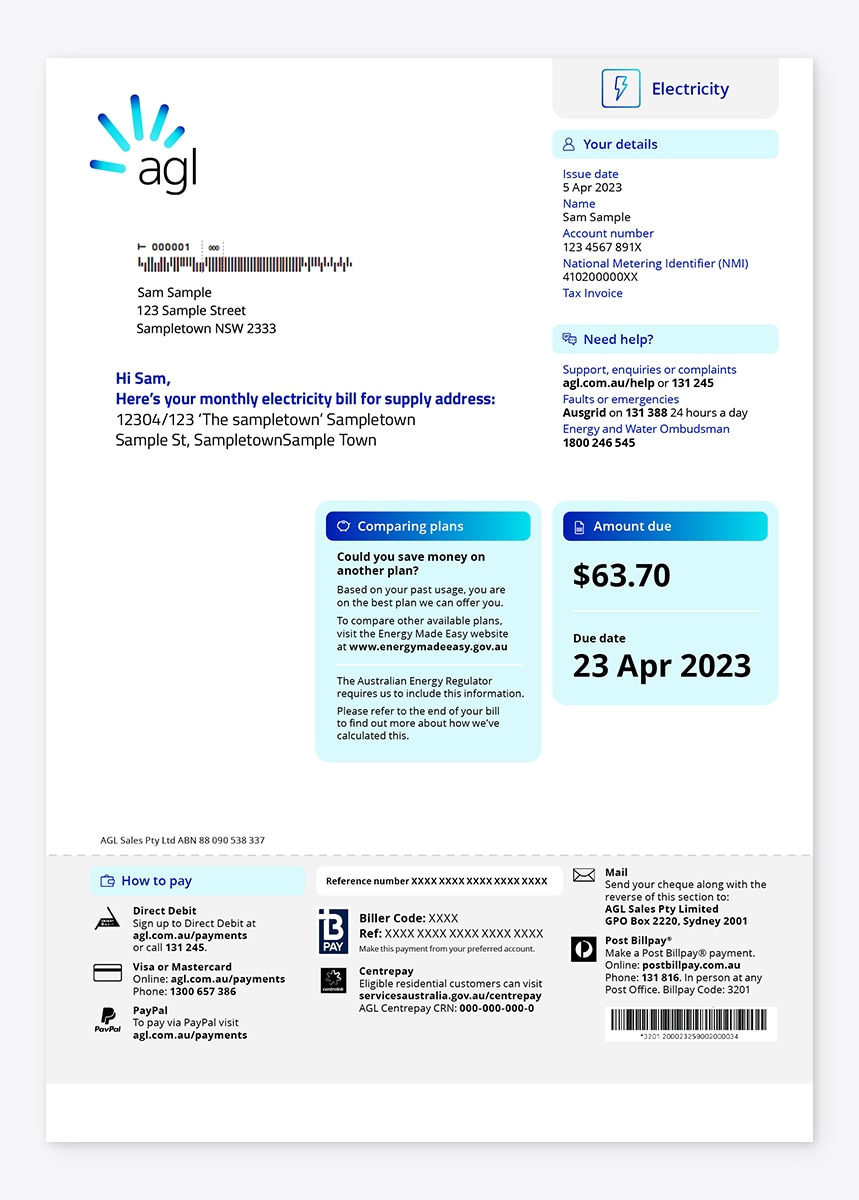 eBill with amount due, due date, account details and payment options shown. 