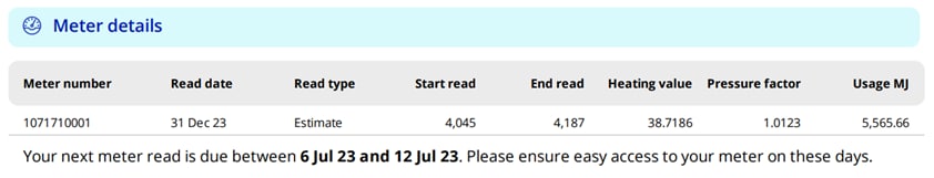 The Meter details section of the AGL Energy bill showing three sseparate reads.