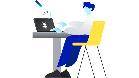Illustration depicting a person sitting at a desk managing their energy and telco accounts on their laptop