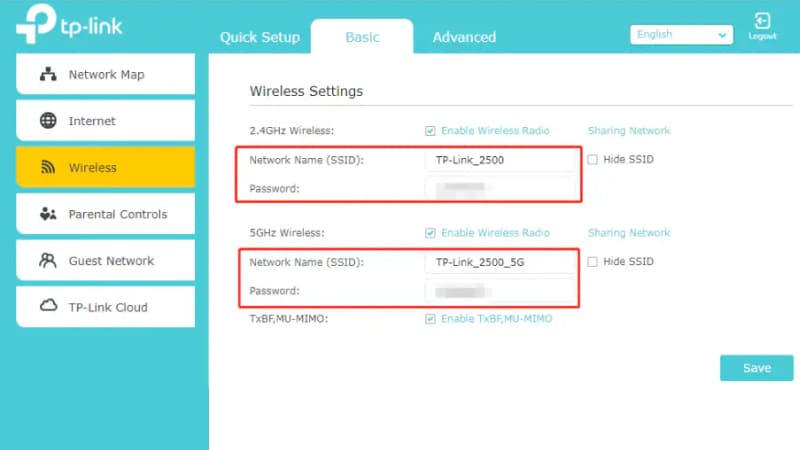 Screenshot of the wireless settings screen for TP-Link modems