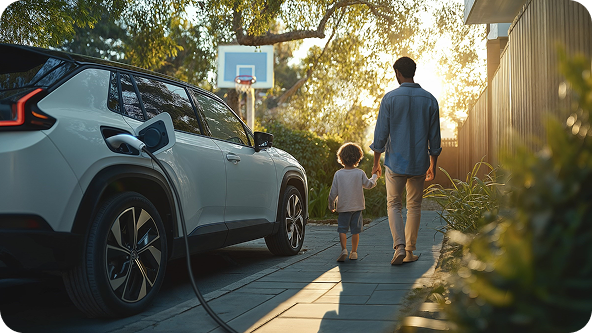 A man and child standing next to an electric vehicle