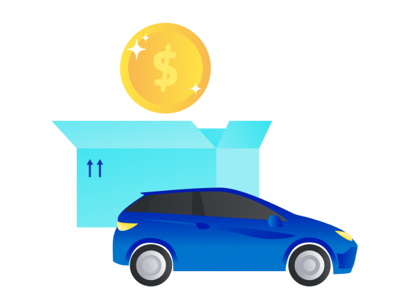 Illustration of a car in front of an oversized moving box. A gold coin is floating out of the box.