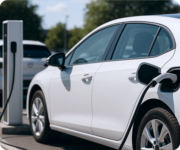 An EV plugged into a public charger
