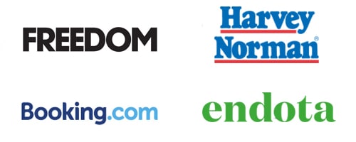 Freedom, Harvey Norman, Booking.com, Endota