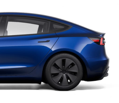 Rear side view of a blue Tesla vehicle