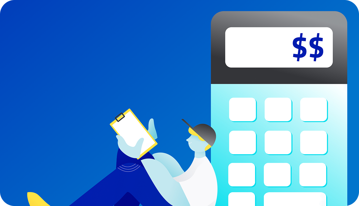 An illustration of a person sitting against a calculator with a clipboard